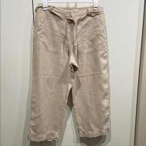 Tan Cropped Pants with Drawstring Waist and Cuffed Hem